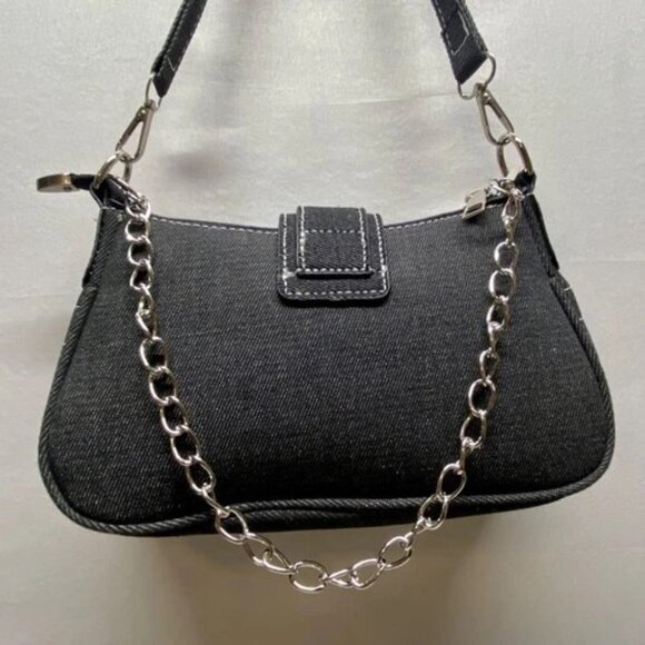 Y2K Star Denim Shoulder Bag Retro Black Underarm Cloth Purse Splicing Chain New - Picture 4 of 15